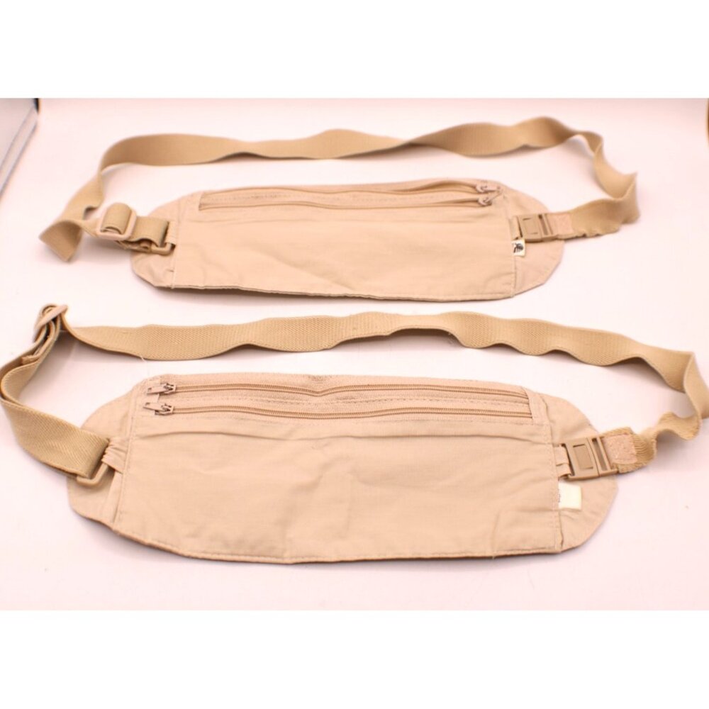 Set 2 Dual Zippered Lightweight Travel Pouch Fanny Pack Belt Bag Khaki Vintage